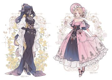 2girls animal ears black hair blonde hair braids breasts chain choker cleavage corset dark skin dress flowers hat lemon89h lolita fashion long hair necklace original ponytail purple eyes rose short hair signed skirt lift yellow eyes