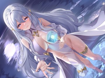 azur lane barefoot braids breasts cameltoe cleavage dress garter gray hair lingshalan long hair magic moon night no bra nopan purple eyes reflection silver fox (azur lane) water wet