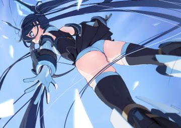 ass black hair blue blue archive blue eyes bodysuit boots dorontabi elbow gloves gloves halo long hair skirt skirt lift tendou arisu (blue archive) thighhighs twintails upskirt wristwear