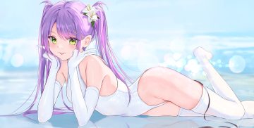 elbow gloves gloves green eyes hololive long hair purple hair red o7 reflection skintight swimsuit thighhighs tokoyami towa twintails water
