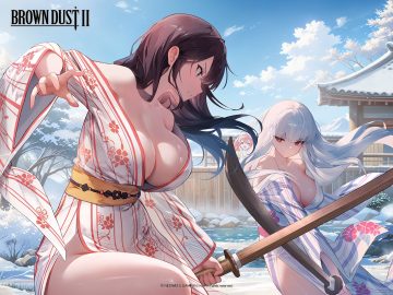 black eyes black hair blade (brown dust) breasts brown dust brown dust 2 building cleavage clouds japanese clothes katana liberta (brown dust 2) logo long hair no bra nopan onsen open shirt red eyes red hair sky snow sword tagme (artist) tree twintails ventana (brown dust) water weapon white hair yukata