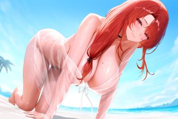 akahime momiji barefoot beach blush breasts choker close clouds kiek qaq long hair navel no bra nopan red eyes red hair see through sky tree water wet