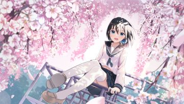 aliasing aqua eyes black hair cac itinose cherry blossoms flowers navel original petals school uniform shirt short hair skirt spring thighhighs