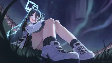 aqua eyes black hair blue archive blush building city close grass halo long hair night ponytail school uniform shirt skirt sky socks stars syc2159 tendou arisu (blue archive) tie watermark
