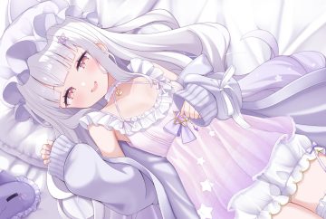 bed bloomers blush bow choker cocozasa flat chest garter gray hair hat hololive long hair murasaki shion navel see through yellow eyes