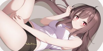 ayeon chan blush brown hair genshin impact hu tao (genshin impact) long hair red eyes shorts