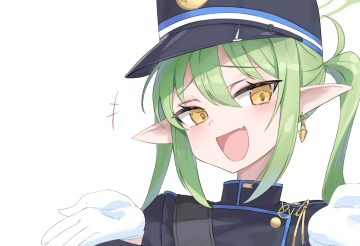 blue archive blush close ev (dai00888) fang gloves green hair hat long hair pointed ears signed tachibana nozomi twintails uniform white yellow eyes