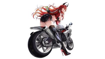 ass bikini top blush boots breasts cleavage drink fang gijang gloves goddess of victory: nikke horns long hair microphone motorcycle navel red hair red hood (nikke) scarf signed skintight skirt thighhighs third-party edit white yellow eyes