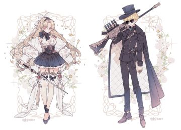blonde hair bow breasts brown eyes chain cleavage dress flowers garter gun hat lemon89h long hair male original rose short hair signed suit sunglasses sword weapon white
