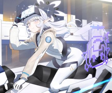 akeboshi himari blue archive blush bodysuit building gloves goggles gray hair halo hood long hair motorcycle pointed ears purple eyes twintails zanya 000
