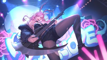 animal ears boots breasts bunny ears choker guitar headband hololive instrument karesuki long hair microphone mori calliope pantyhose pink eyes pink hair scythe shorts spread legs tie torn clothes weapon