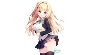 blonde hair blush book bow braids breast hold green eyes long hair mitha original panties school uniform shirt signed skirt skirt lift thighhighs third-party edit underwear upskirt white