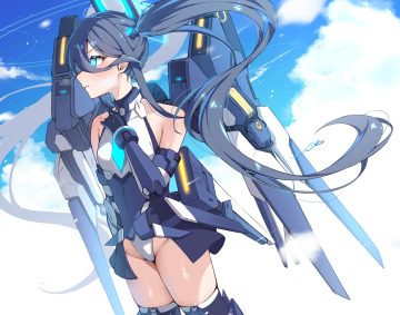 aqua eyes black hair blue archive blush clouds elbow gloves gloves leotard long hair mechagirl mono (mo n mno) signed sky tendou arisu (blue archive) thighhighs twintails