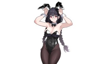 animal ears aulia (reia 76) black hair braids breasts bunny ears bunnygirl cleavage glasses headband leotard long hair original pantyhose red eyes reia 76 third-party edit twintails white wristwear