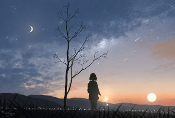 clouds fireworks grass moon original polychromatic scenic short hair signed silhouette sky stars sunset tree yu jing