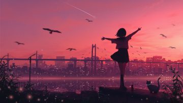 animal bird building cat city clouds dark headphones kneehighs leaves original polychromatic reflection scenic school uniform shirt short hair skirt sky sunset wristwear yu jing