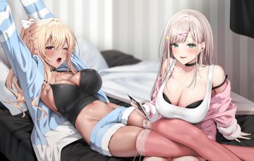 2girls bed blonde hair blush bow bra braids breasts brown hair choker cleavage dark skin erect nipples green eyes haiba 09 hood long hair navel original pajamas phone ponytail purple eyes shorts thighhighs underwear wink zettai ryouiki