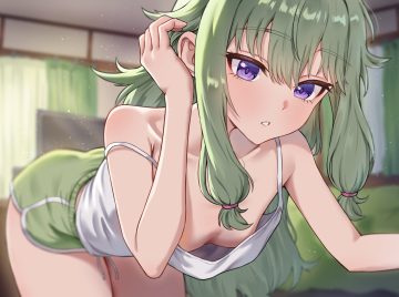 breasts close green hair kadokadokado kusanagi nene long hair no bra project sekai purple eyes shorts