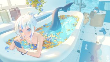 bath bathtub blue eyes flat chest flowers gawr gura hololive karesuki petals phone short hair tail water wet white hair
