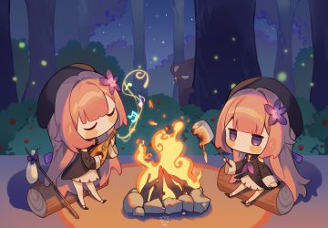animal bear cheli (kso1564) chibi dress fire food forest gray hair guitar hat herta (honkai: star rail) honkai (series) honkai: star rail instrument long hair music night purple eyes tree watermark
