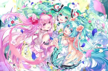 2girls aqua eyes aqua hair blush boots bow cherry blossoms dress flowers gloves green eyes green hair hatsune miku long hair magical mirai (vocaloid) microphone petals pink eyes pink hair ribbons sakura miku signed skirt socks spring tattoo thighhighs twintails tyouya vocaloid water watermark