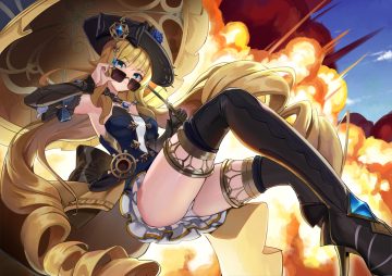 aqua eyes blonde hair boots bow cat smile clouds dress fire genshin impact gloves hat healgo long hair navia (genshin impact) panties sky sunglasses thighhighs umbrella underwear upskirt