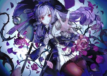 corset crying dress flowers goth-loli headdress lolita fashion long hair pantyhose petals pointed ears purple hair red eyes rose syokuuuuuuuuumura tears umbrella vivian banshee zenless zone zero
