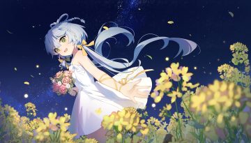 bow braids dress flat chest flowers gray hair green eyes long hair luo tianyi morimori (14292311) night petals ribbons sky stars summer summer dress vsinger wristwear