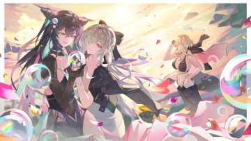 beach bikini black hair blonde hair blue eyes bow breasts bubbles cinderella (nikke) cleavage clouds dress elbow gloves glasses gloves goddess of victory: nikke grave (nikke) gray hair hyonee little mermaid (nikke) long hair ponytail red eyes short hair sky sunset swimsuit water wristwear yellow eyes