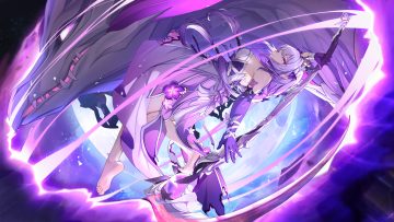 aliasing aze not bald barefoot bow castorice (honkai: star rail) dragon dress gloves headdress honkai (series) honkai: star rail long hair magic moon netherwing (honkai: star rail) pointed ears purple purple eyes purple hair scythe torn clothes weapon