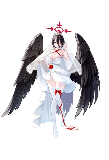myumyu431 blue archive hanekawa hasumi angel dress no bra skirt lift stockings thighhighs wedding dress wings