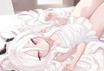 bed blue archive blush close dress flat chest horns loli long hair nekoya (liu) pink eyes signed sorasaki hina white hair