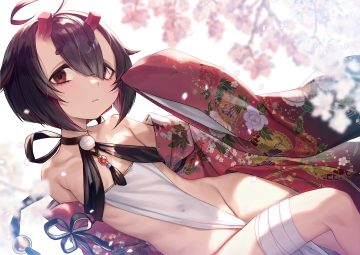 bandage black hair bow dancho (dancyo) demon flat chest flowers horns japanese clothes kimono llred (vtuber) loli no bra nopan petals red eyes short hair
