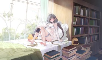 animal anthropomorphism azur lane barefoot bed blush book braids breasts brown hair evertsen (azur lane) garter manjuu (azur lane) pink eyes pointed ears see through tagme (artist)