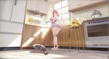 animal anthropomorphism ass azur lane barefoot blue eyes blush cat drink kazan (azur lane) long hair manjuu (azur lane) panties pink hair see through tagme (artist) underwear