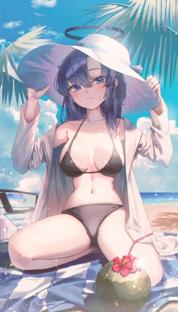 domi (hongsung0819) blue archive hayase yuuka bikini halo open shirt swimsuits