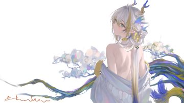 aqua eyes arknights choker ebonvow gray hair horns long hair necklace no bra pointed ears shu (arknights) signed tail tree undressing white
