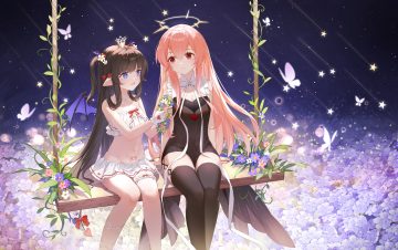 2girls angel blue eyes bow brown hair butterfly crown demon flat chest flowers garter gloves halo headdress long hair morimori (14292311) navel original pink hair pointed ears red eyes ribbons shorts skirt stars tail tattoo thighhighs twintails wings zettai ryouiki