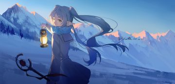 dark dress frieren gray hair green eyes long hair morimori (14292311) pointed ears scarf signed snow sousou no frieren staff twintails