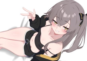 anthropomorphism blush bow close flat chest girls frontline gray hair long hair navel no bra oldsickkim ponytail scar shorts ump-45 (girls frontline) yellow eyes