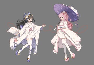 2girls black hair bow choker dress japanese clothes kimono long hair morimori (14292311) pink hair ponytail purple eyes red eyes shoujo ai thighhighs transparent umbrella