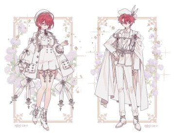 blue eyes bow braids cape dress flowers garter hat lemon89h male original red hair short hair signed suit tie twins white