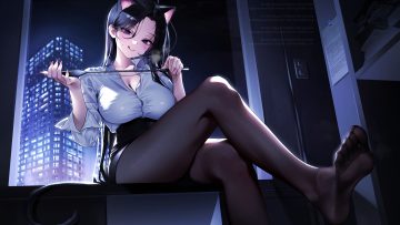 animal ears blush breasts building catgirl chano39 city cleavage dark long hair night original pantyhose purple eyes shirt skirt tail tattoo weapon