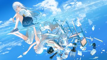 aliasing ashima (roro046) barefoot blue eyes bow camera clouds dress headphones long hair microphone original paper reflection ribbons school uniform shirt skirt sky summer dress water white hair