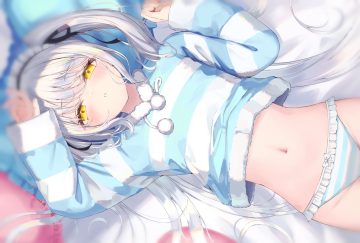 akie (44265104) aliasing bed blush bow gray hair headdress loli long hair navel original pajamas panties ribbons shirt lift striped panties twintails underwear yellow eyes