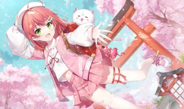 bandaid blush cherry blossoms clouds fang flowers gabiran garter green eyes hat hololive loli navel petals pink hair sakura miko school uniform short hair shrine skirt sky spring thighhighs torii tree