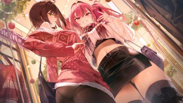 2girls 7gao anthropomorphism ass azur lane baltimore (azur lane) blush boots bremerton (azur lane) brown hair christmas dress green eyes long hair navel pantyhose phone pink eyes pink hair scarf short hair skirt skirt lift thighhighs twintails zettai ryouiki