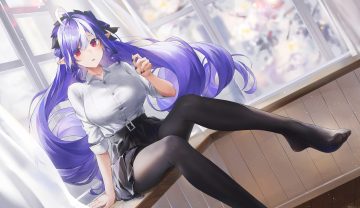 headdress long hair pantyhose pointed ears purple hair red eyes shirt signed skirt swkl:d vivian banshee zenless zone zero