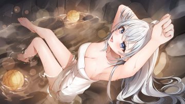 ball barefoot blue eyes blush breasts cleavage gray hair long hair onsen original runlan 0329 towel water wet
