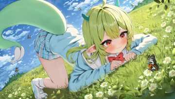 arme (cgsy7484) blush bow butterfly cat smile clouds flowers garam (ryeoubi) grass green hair horns leaves loli original pointed ears red eyes school uniform shirt skirt sky socks tail